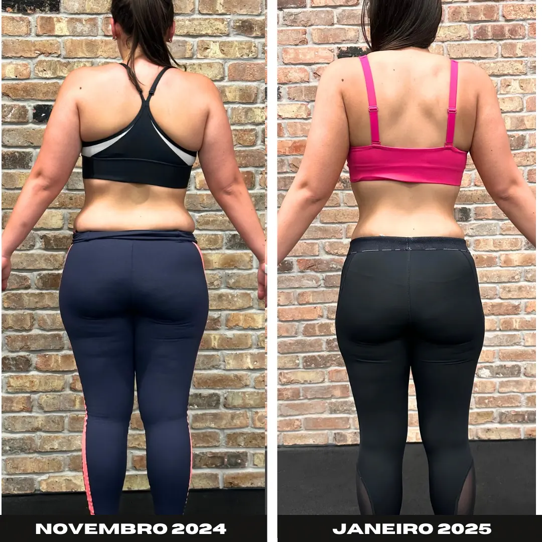 Antes e depois de costas de aluna entre novembro de 2024 e janeiro de 2025